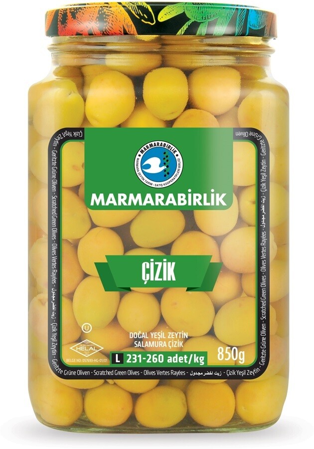 MB Green Olives M Scratched 30oz Glass Jar