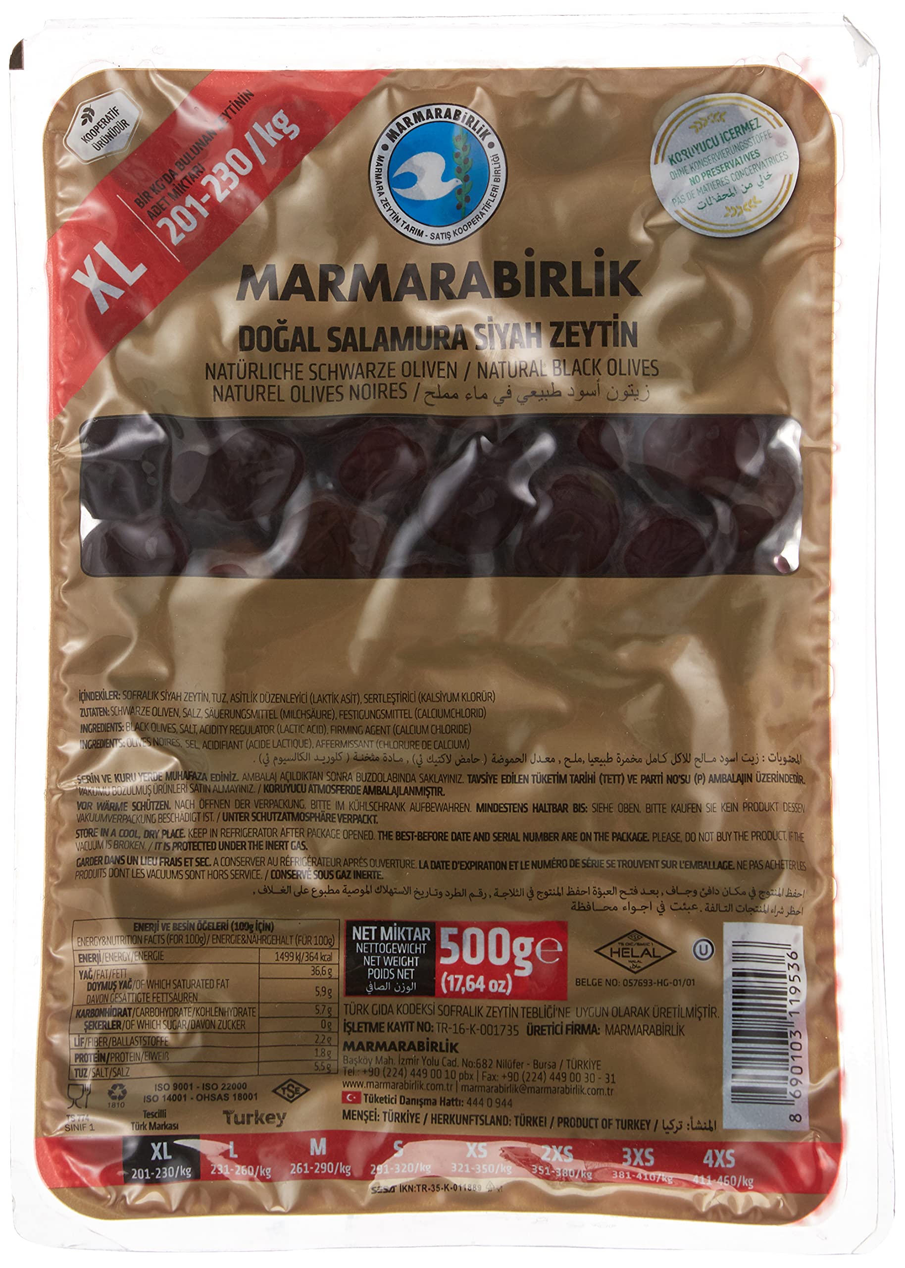 Marmarabirlik Gemlik Black Olives Xl Mega In Plastic Pack 17.6oz