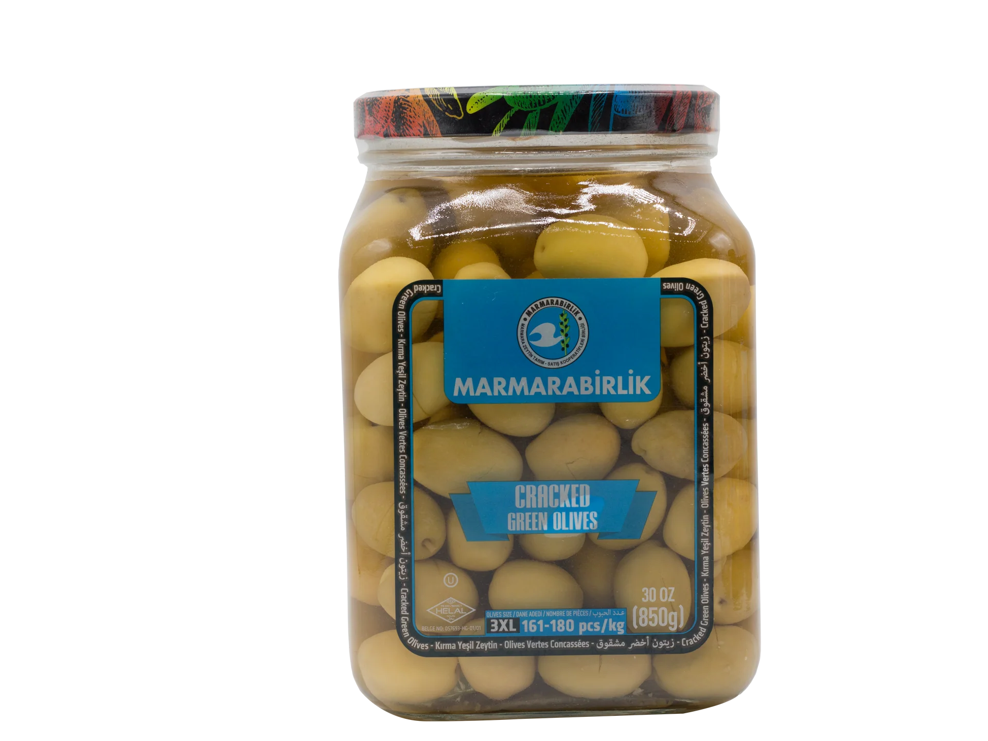 Marmarabirlik Green Cracked Olives 3xl 61-180 In Glass Jar 30oz